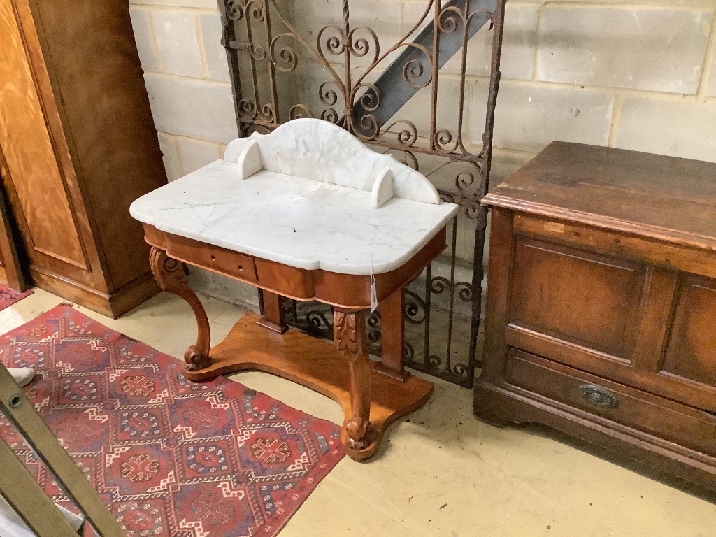 A Victorian satin walnut marble top washstand, width 90cm, depth 46cm, height 68cm